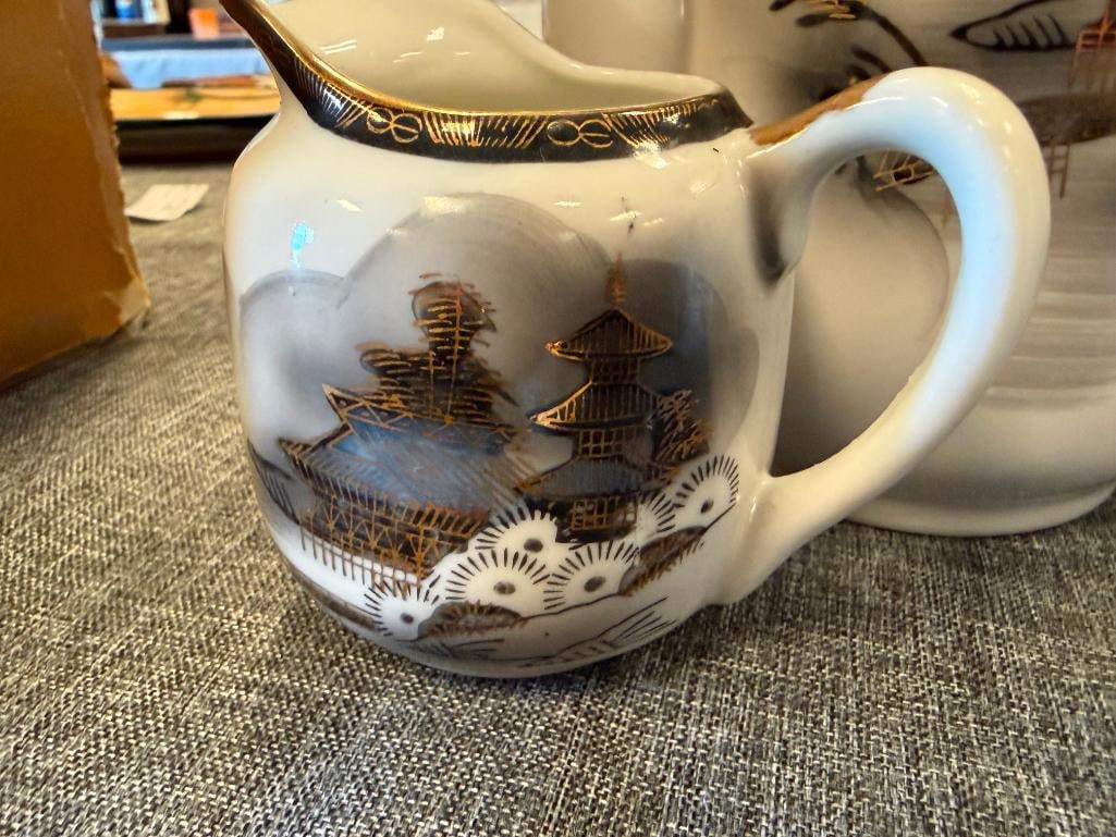 HAYASI KUTANI HAPANESE EGGSHELL CHINA TEA SET WITH LITHOPANE HAND PAINTED LANDSCAPE MOTIF - 19