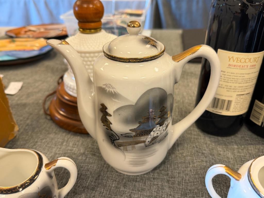 HAYASI KUTANI HAPANESE EGGSHELL CHINA TEA SET WITH LITHOPANE HAND PAINTED LANDSCAPE MOTIF - 20