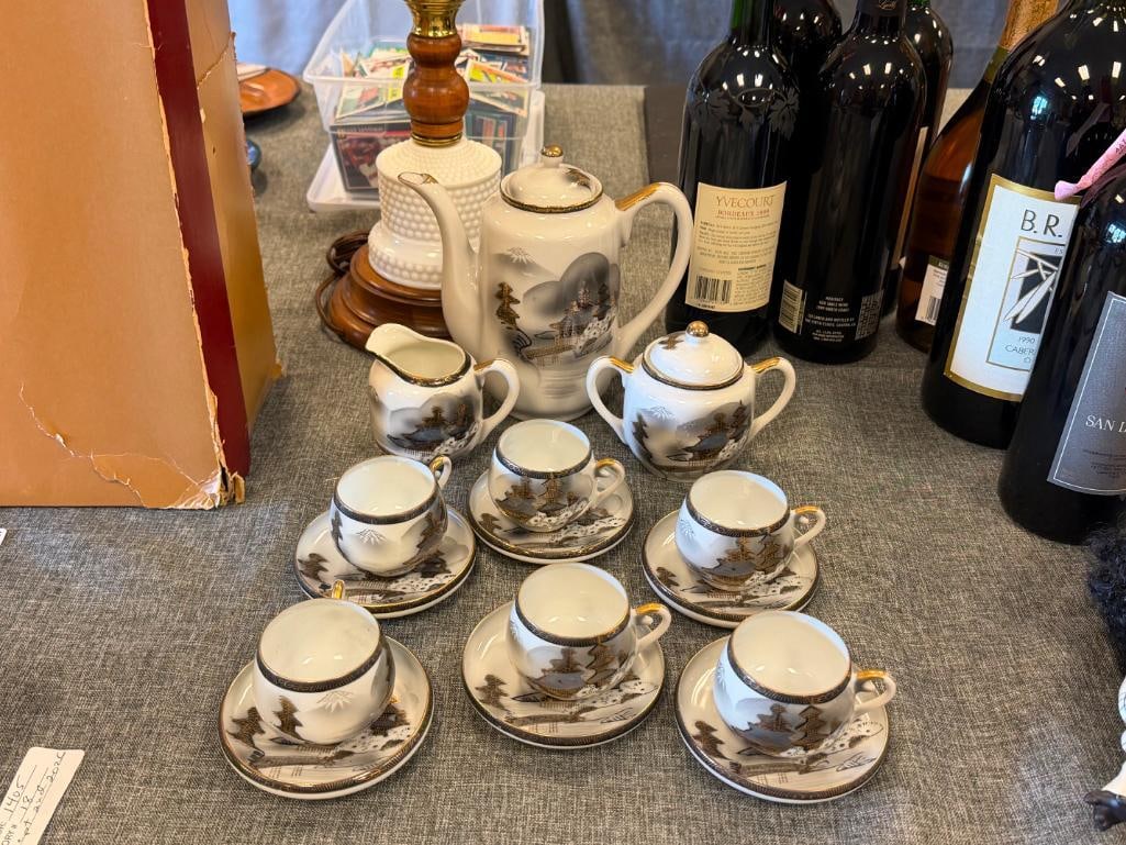 HAYASI KUTANI HAPANESE EGGSHELL CHINA TEA SET WITH LITHOPANE HAND PAINTED LANDSCAPE MOTIF - 2