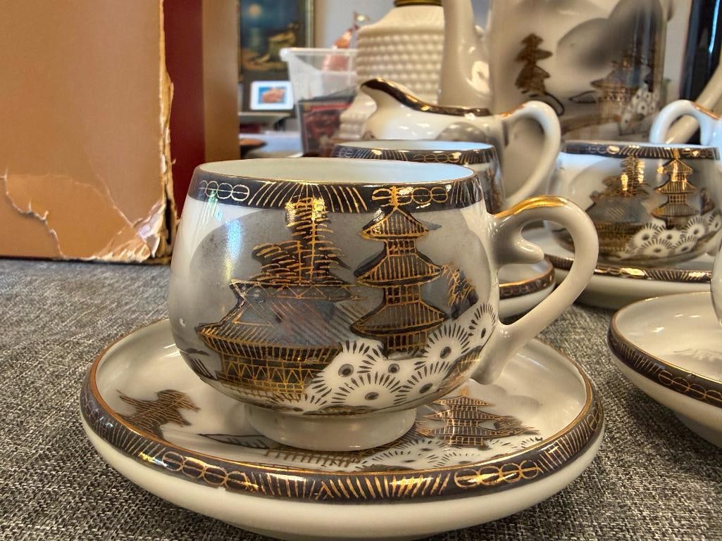 HAYASI KUTANI HAPANESE EGGSHELL CHINA TEA SET WITH LITHOPANE HAND PAINTED LANDSCAPE MOTIF - 3