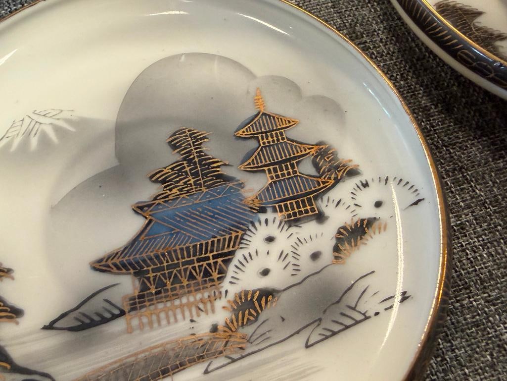 HAYASI KUTANI HAPANESE EGGSHELL CHINA TEA SET WITH LITHOPANE HAND PAINTED LANDSCAPE MOTIF - 7