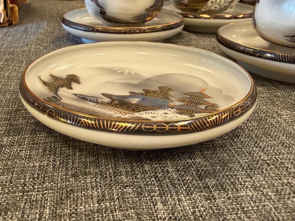 HAYASI KUTANI HAPANESE EGGSHELL CHINA TEA SET WITH LITHOPANE HAND PAINTED LANDSCAPE MOTIF - 8