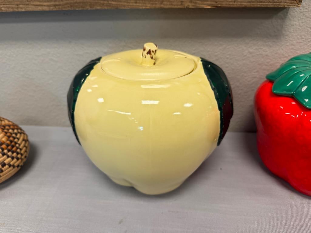 THREE VINTAGE CERAMIC COOKIE JARS APPLE, PEACH, AND HEN - 14