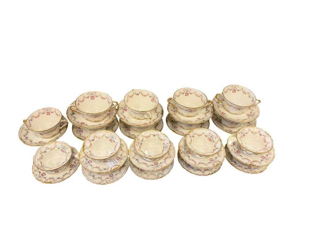ANTIQUE VICTORIAN ERA THEODORE HAVILAND LIMOGES BOUILLON AND CUSTARD RAMEKINS WITH SAUCERS: FLORAL AND RIBBON PATTERN LIMOGES RAMEKINS AND BOUILLON CUPS WITH MATCHING SAUCERS, SET OF NINE FOR EACH SET, MADE IN FRANCE, NO CHIPS