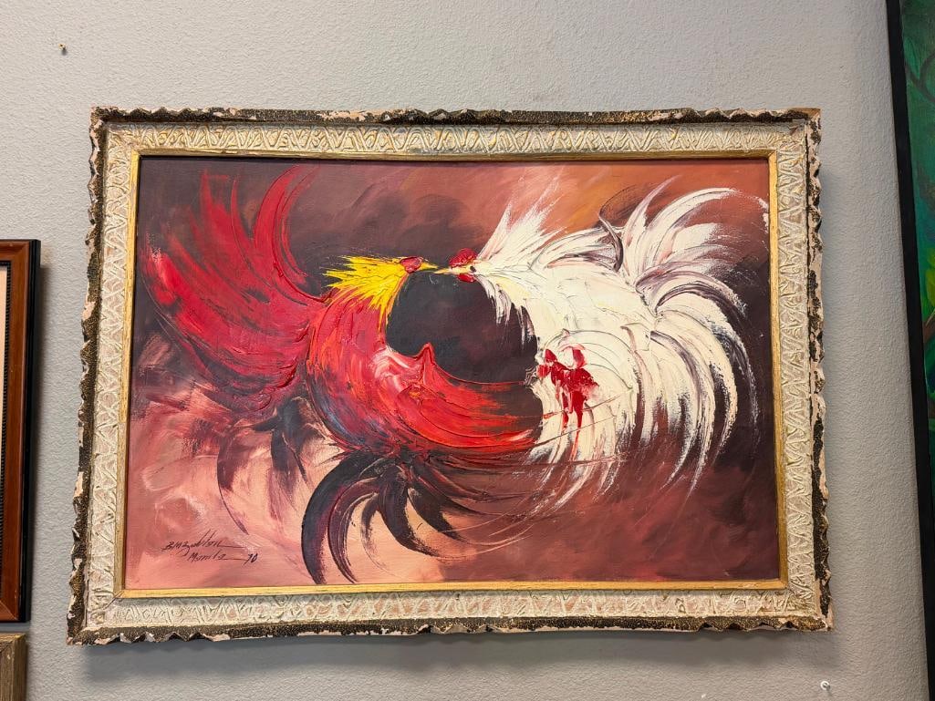 SIGNED LARGE ORIGINAL ACRYLIC ON CANVAS PAINTING OF ROOSTERS FIGHTING - 2