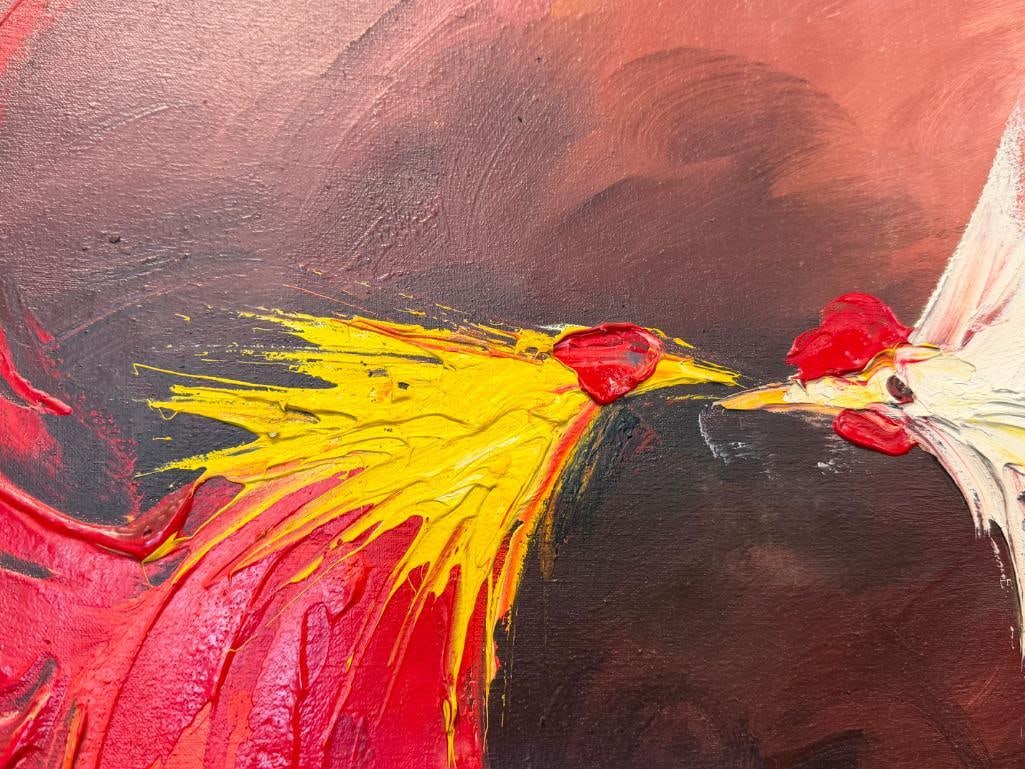 SIGNED LARGE ORIGINAL ACRYLIC ON CANVAS PAINTING OF ROOSTERS FIGHTING - 4