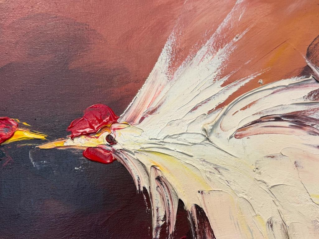 SIGNED LARGE ORIGINAL ACRYLIC ON CANVAS PAINTING OF ROOSTERS FIGHTING - 5