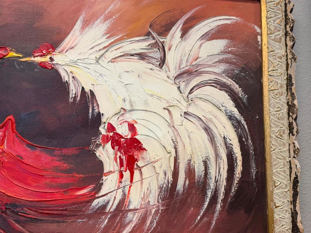 SIGNED LARGE ORIGINAL ACRYLIC ON CANVAS PAINTING OF ROOSTERS FIGHTING - 6