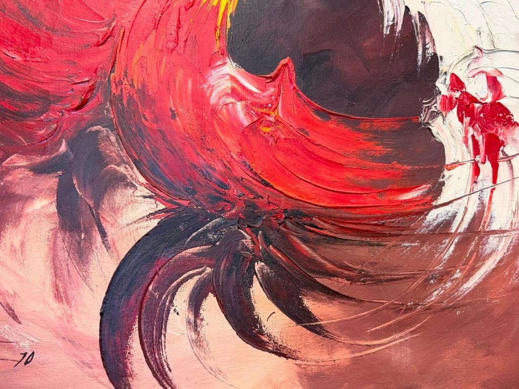SIGNED LARGE ORIGINAL ACRYLIC ON CANVAS PAINTING OF ROOSTERS FIGHTING - 7