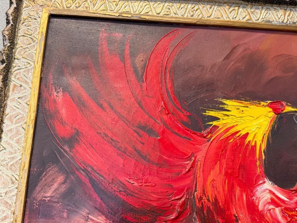 SIGNED LARGE ORIGINAL ACRYLIC ON CANVAS PAINTING OF ROOSTERS FIGHTING - 8