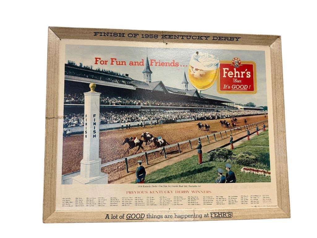 FRANK FEHR BREWING CO. FEHR'S BEER 1958 KENTUCKY DERBY CARDBOARD ADVERTISEMENT: DEPICTS SCENE OF 1958 KENTUCKY DERBY WITH TIM TAM COMING IN FIRST, CARDBOARD FRAME BUILT-IN, DOES SHOW SOME DAMAGE, TEAR ALONG LEFT EDGE AND TOP EDGE, INCLUDES NEWSPAPER CLIPPINGS FROM DERBY RACES 42"