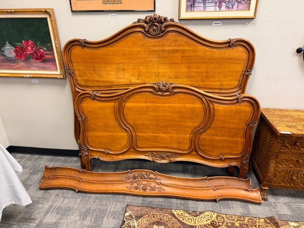 ANTIQUE FRENCH LOUIS XV STYLE CARVED WALNUT FULL SIZE BED FRAME - 2