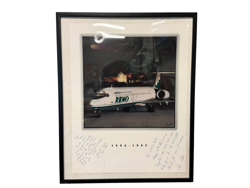 RENO AIR 5TH ANNIVERSARY FLYER COMMEMORATIVE POSTER PRINT 1992-1997 SIGNED: SIGNED BY CAP'N BOB AND SHERWILL, FRAMED 16" X 20" FRAME