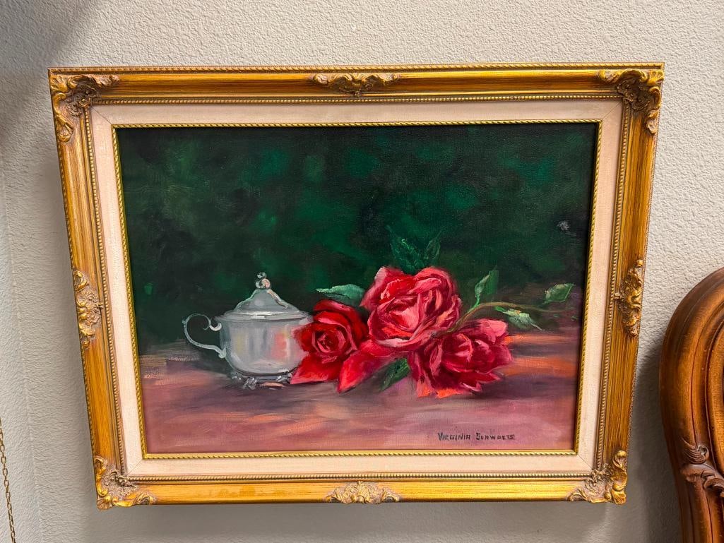 VIRGINA SCHWARTS ORIGINAL OIL ON CANVAS ROSE / FLORAL STILL-LIFE PAINTING - 2