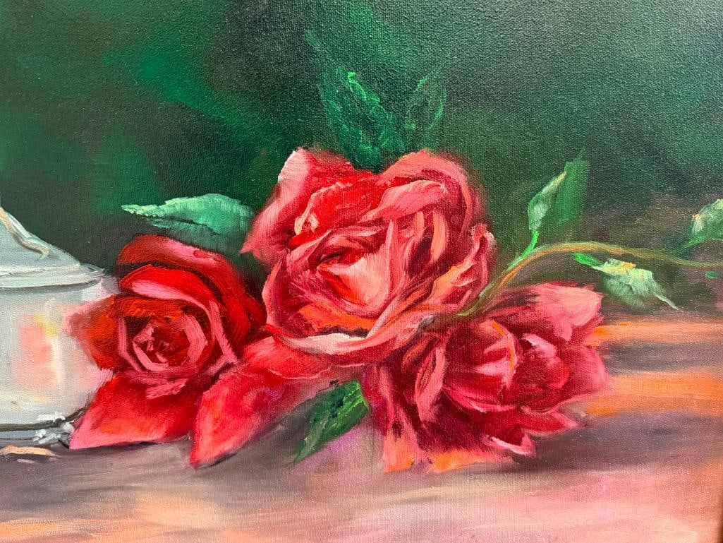 VIRGINA SCHWARTS ORIGINAL OIL ON CANVAS ROSE / FLORAL STILL-LIFE PAINTING - 4