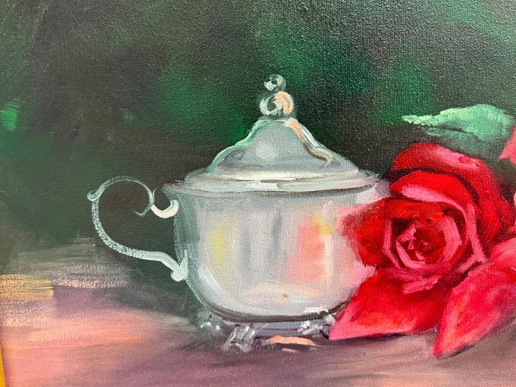 VIRGINA SCHWARTS ORIGINAL OIL ON CANVAS ROSE / FLORAL STILL-LIFE PAINTING - 6