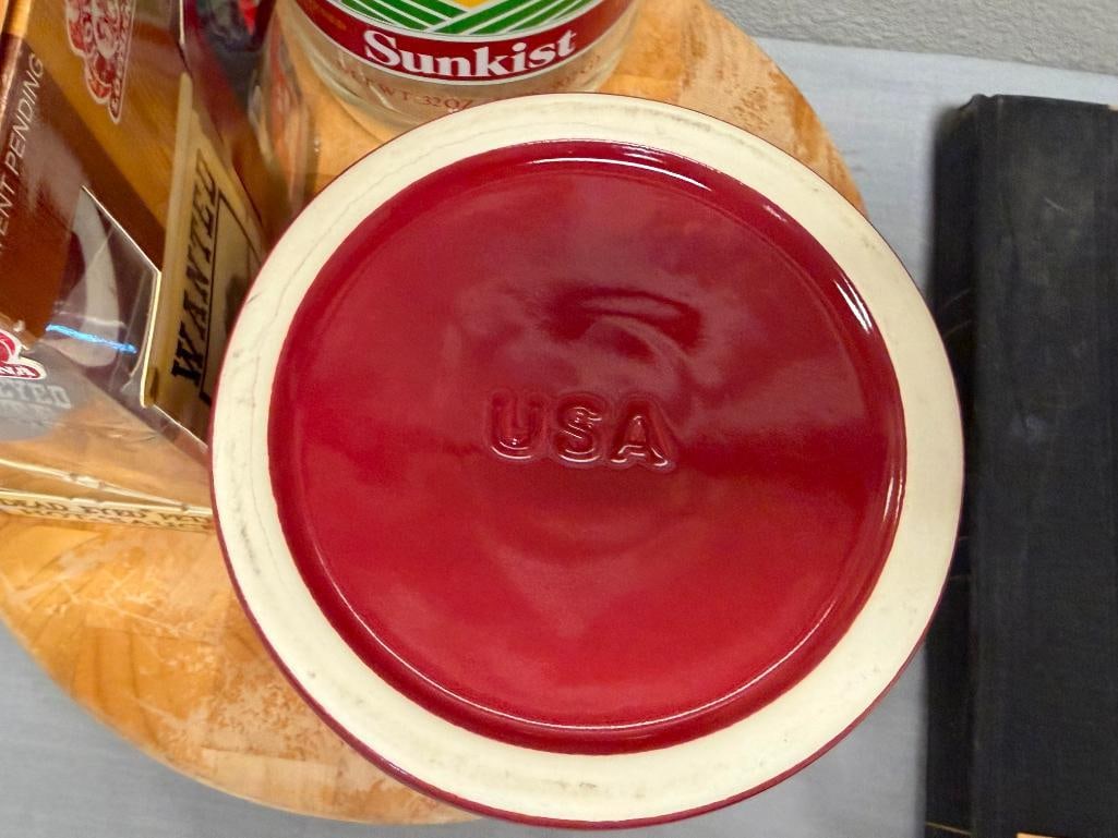 KITCHEN ITEMS MCCOY POTTERY BEAN POT, THICK ROUND CUTTING BOARD, USA POTTERY UTENSIL HOLDER - 17