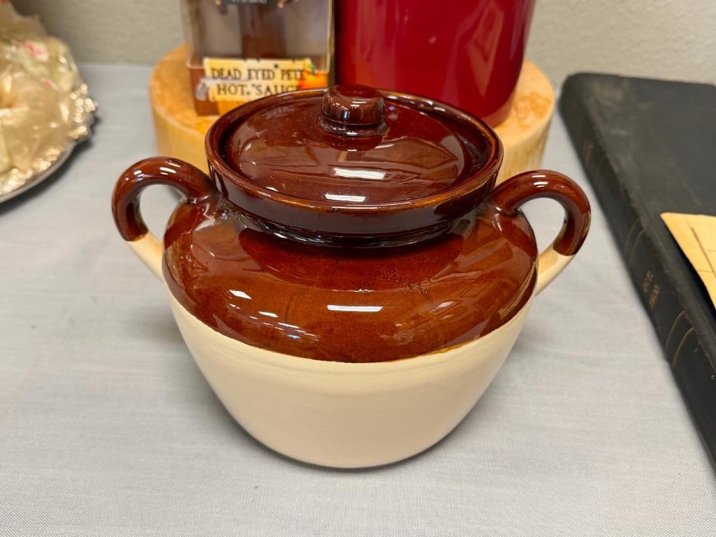 KITCHEN ITEMS MCCOY POTTERY BEAN POT, THICK ROUND CUTTING BOARD, USA POTTERY UTENSIL HOLDER - 2