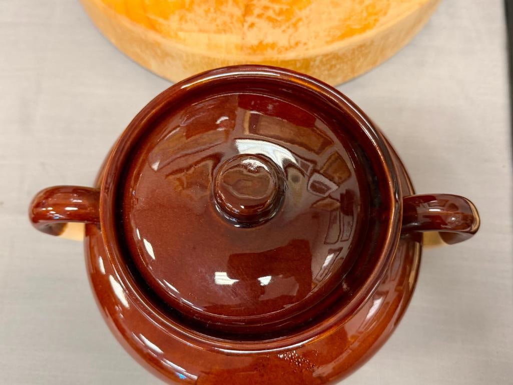 KITCHEN ITEMS MCCOY POTTERY BEAN POT, THICK ROUND CUTTING BOARD, USA POTTERY UTENSIL HOLDER - 3