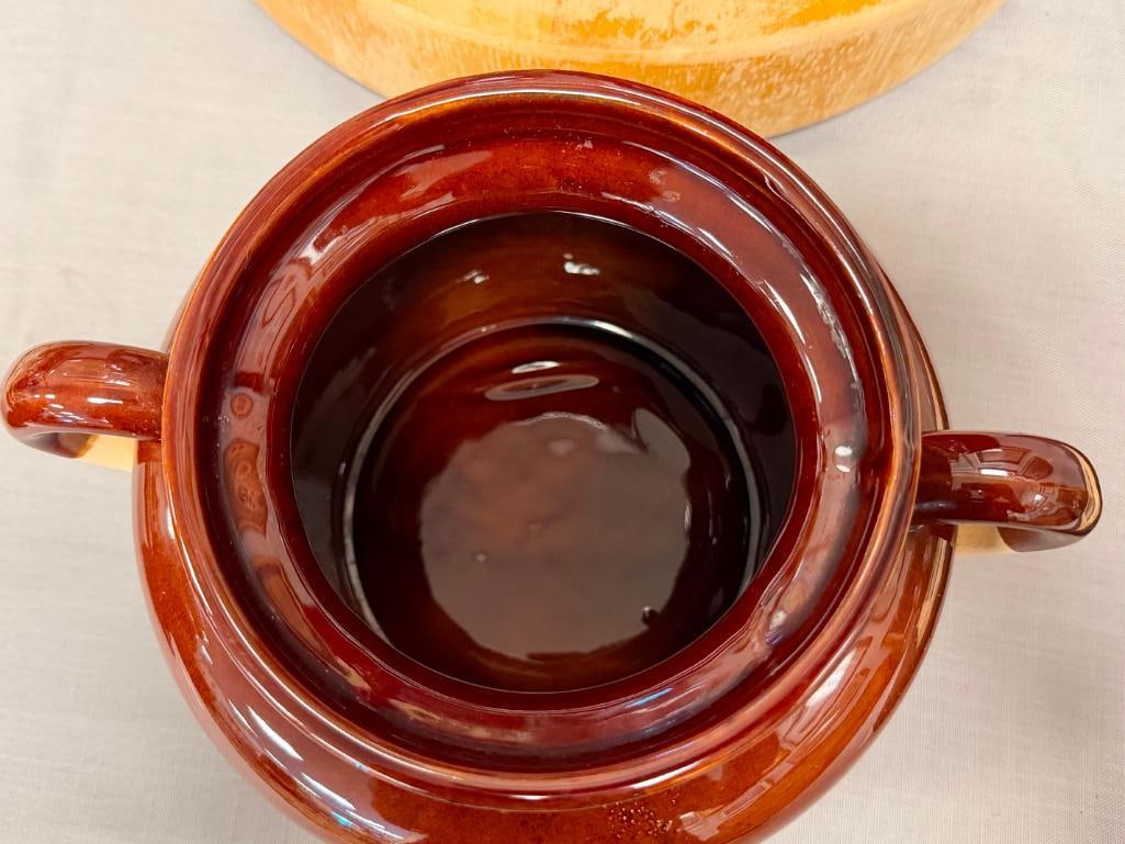 KITCHEN ITEMS MCCOY POTTERY BEAN POT, THICK ROUND CUTTING BOARD, USA POTTERY UTENSIL HOLDER - 4