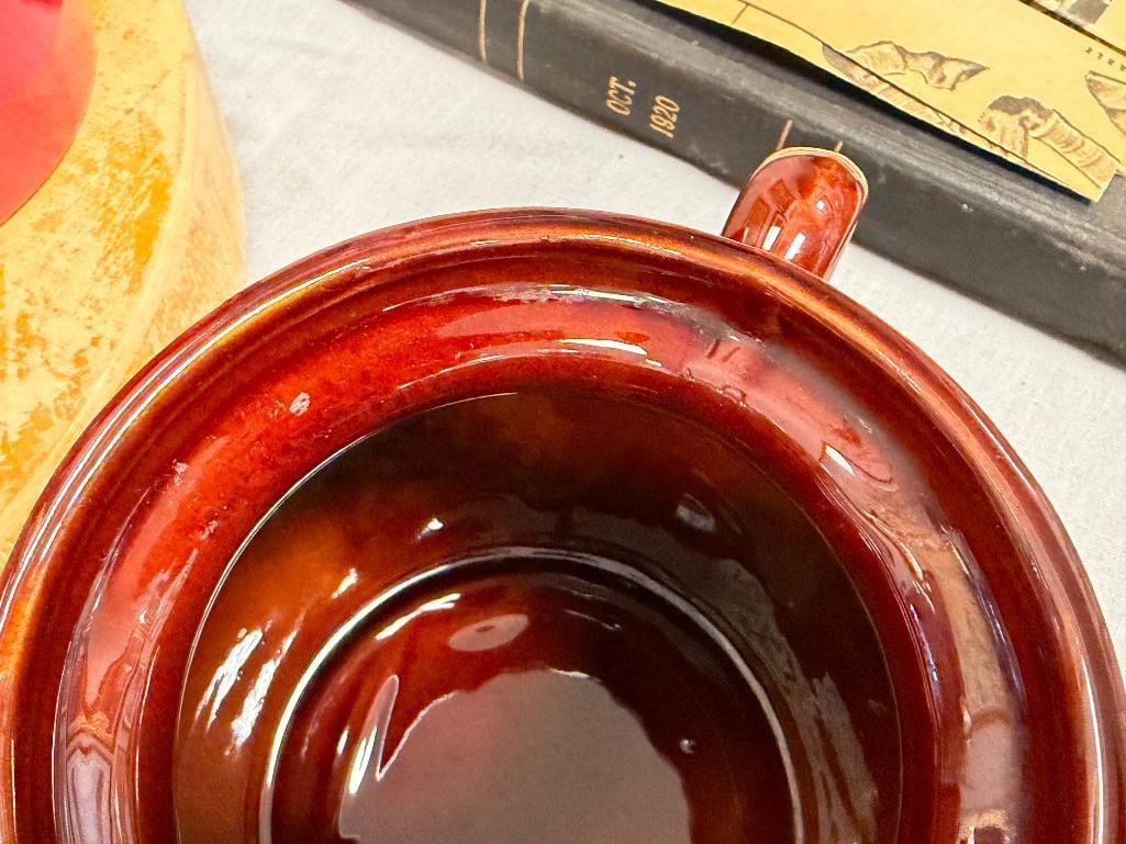 KITCHEN ITEMS MCCOY POTTERY BEAN POT, THICK ROUND CUTTING BOARD, USA POTTERY UTENSIL HOLDER - 5