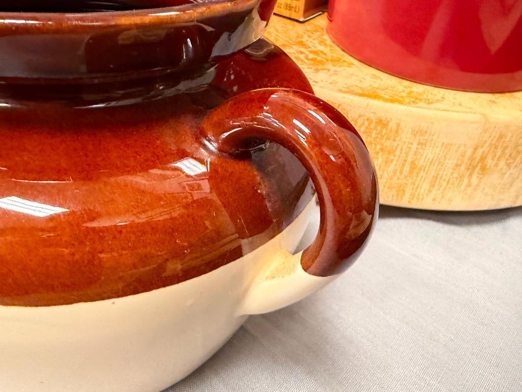 KITCHEN ITEMS MCCOY POTTERY BEAN POT, THICK ROUND CUTTING BOARD, USA POTTERY UTENSIL HOLDER - 6
