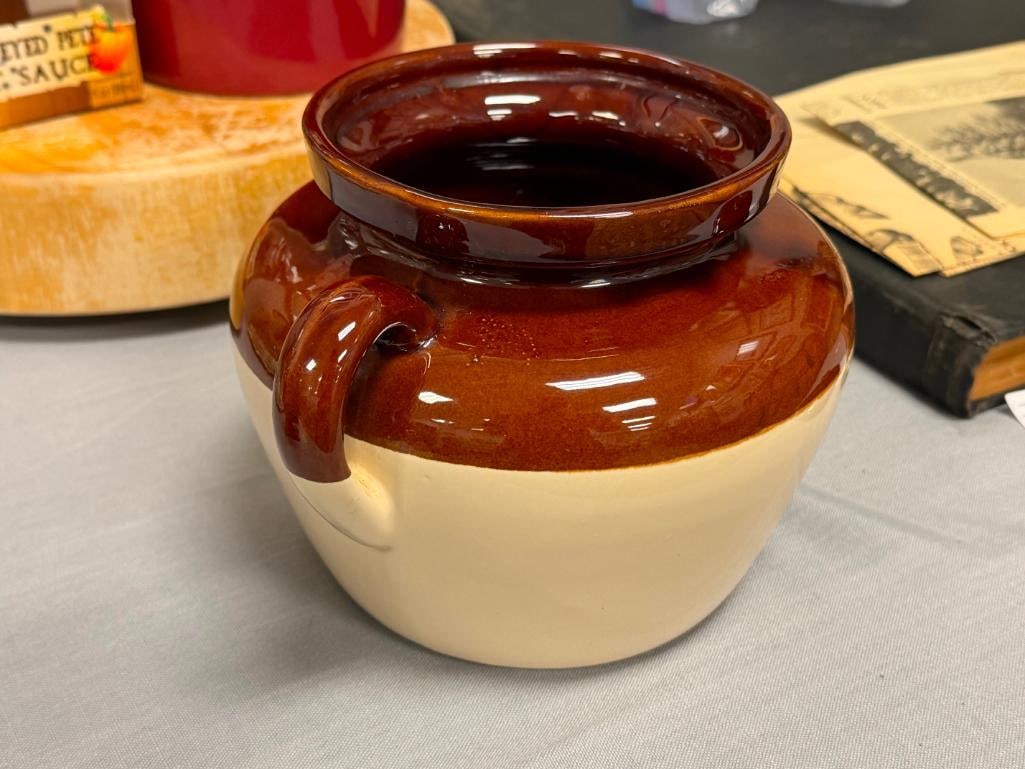 KITCHEN ITEMS MCCOY POTTERY BEAN POT, THICK ROUND CUTTING BOARD, USA POTTERY UTENSIL HOLDER - 8