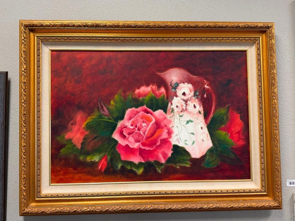 LARGE ORIGINAL OIL ON CANVAS ROSE / FLORAL STILL-LIFE - 2