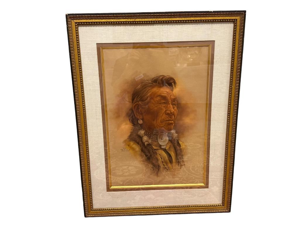 VILEM ZACH CZECH ARTIST ORIGINAL PASTEL PAINTING VELVETEEN PAPER TONY FINE YOUNG MAN SACREE INDIAN: VILEM ZACH (B. 1946) IS A CZECH-BORN CANADIAN ARTIST KNOWN FOR HIS ART ON THE AMERICAN WEST AND INDIGENOUS PEOPLE, ART DEPICTS PORTRAIT OF ELDER NATIVE AMERICAN MAN, SIGNED LOWER RIGHT, FRAMED 23" X 3
