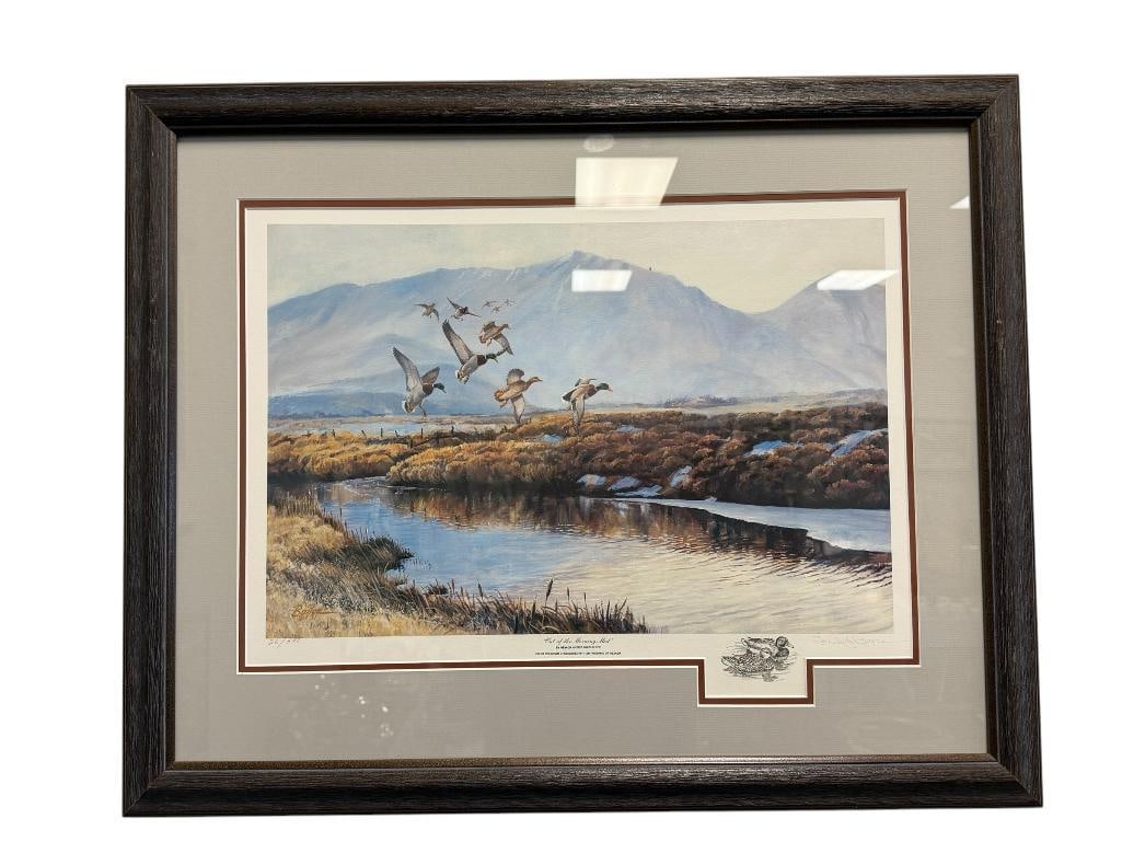 FRED BOYCE PROLIFIC NEVADA WILDLIFE ARTIST LIMITED EDITION PRINT OUT OF THE MORNING MIST NO. 26/500: FRED BOYCE NEVADA ARTIST KNOWN FOR HIS WORKS ON WILDLIFE, ART DEPICTS MALLARD DUCKS FLYING OVER A MARSH, SIGNED LOWER RIGHT, FRAMED 28" X 23" FRAME