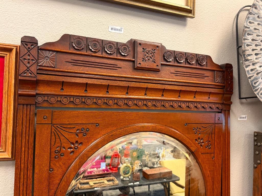 ANTIQUE EASTLAKE SPOON CARVED DRESSER WITH ATTACHED ROUND MIRROR WITH FLORAL DESIGN - 2