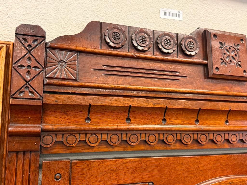 ANTIQUE EASTLAKE SPOON CARVED DRESSER WITH ATTACHED ROUND MIRROR WITH FLORAL DESIGN - 3