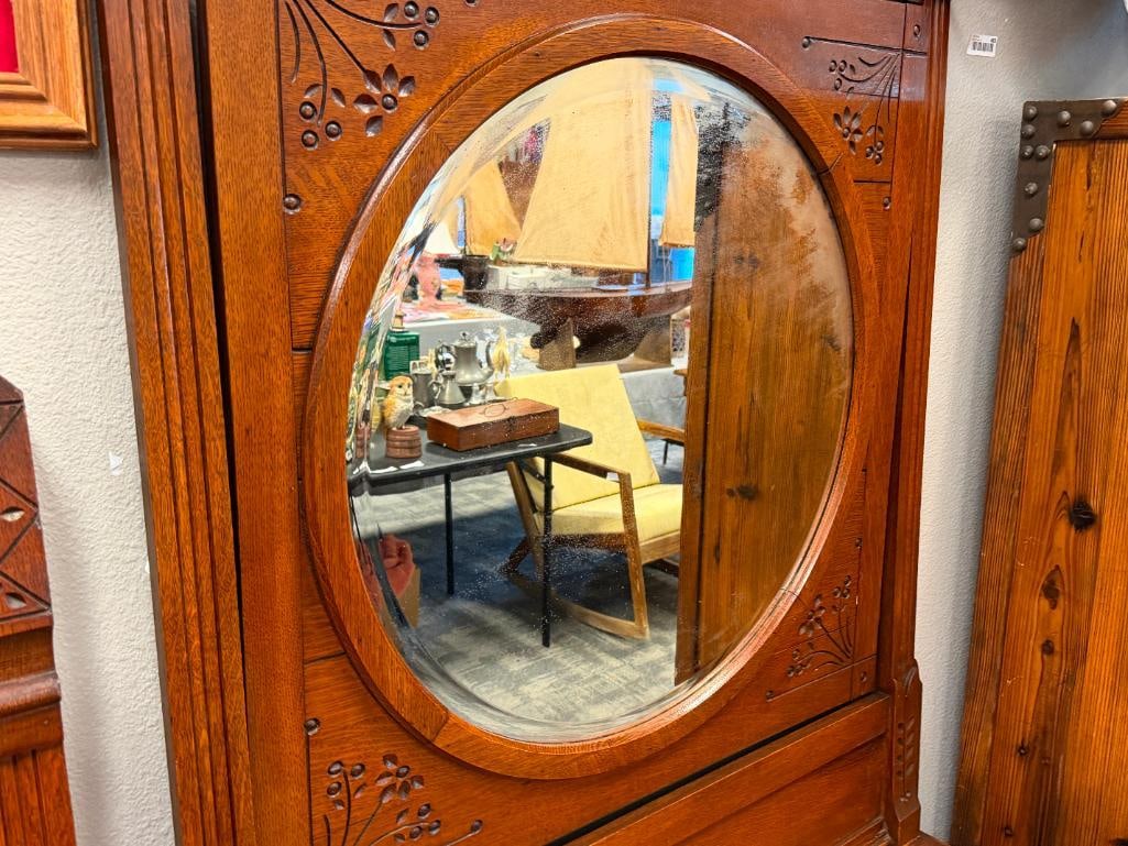 ANTIQUE EASTLAKE SPOON CARVED DRESSER WITH ATTACHED ROUND MIRROR WITH FLORAL DESIGN - 4
