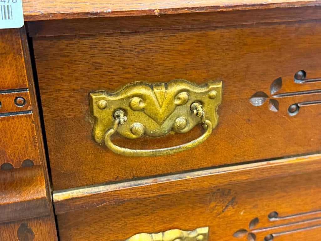 ANTIQUE EASTLAKE SPOON CARVED DRESSER WITH ATTACHED ROUND MIRROR WITH FLORAL DESIGN - 7