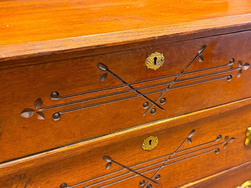 ANTIQUE EASTLAKE SPOON CARVED DRESSER WITH ATTACHED ROUND MIRROR WITH FLORAL DESIGN - 8