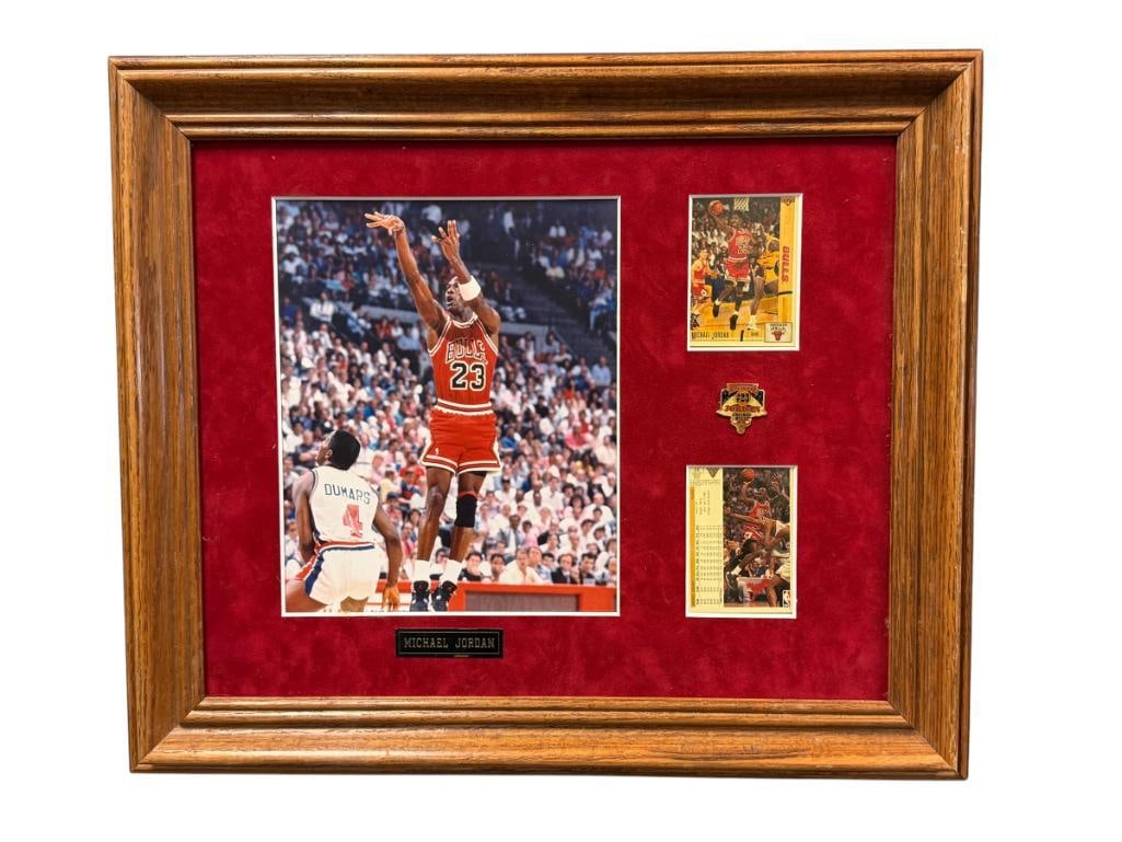 MICHAEL JORDAN 1991 AND 1992 UPPERDECK BASKETBALL CARDS ENSEMBLE WITH PIN AND PHOTO-PRINT: MISSING GLASS 19" X 16" FRAME