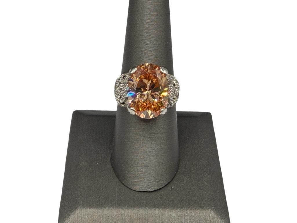 ESPO DESIGNER SIGNED STERLING SILVER CZ FASHION RING FEATURING CITRINE COLORED CZ: OVAL CUT CITRINE CZ ACCENTED BY CLEAR CZ'S SIZE 8, 5/8" FRONT, 9.00 GRAMS