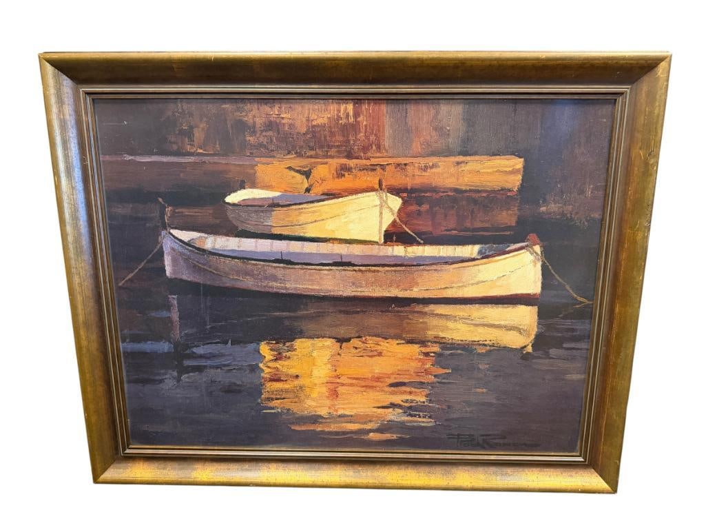 F. POCH ROMEU ARTIST LARGE PRINT TITLED BARCAS AL ATARDECER: F. POCH ROMEU (1935-2008), ART DEPICTS TWO MOORED BOATS REFLECTING OFF THE WATER, FRAMED 46" X 36" FRAME