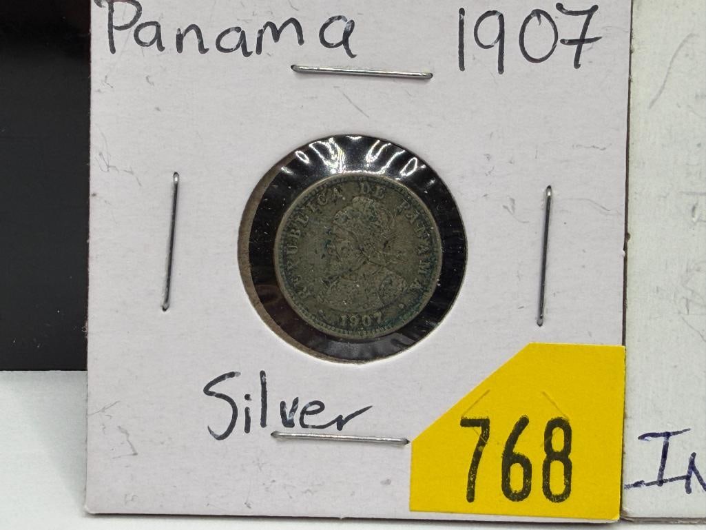 1907 PANAMA MEDIO CENTESIMO DE BALBOA COIN AND 1931 INDIA FANAM SILVER COIN - 2