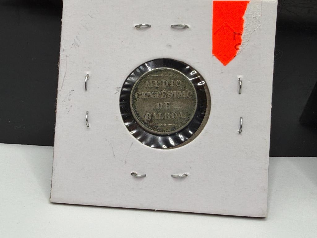 1907 PANAMA MEDIO CENTESIMO DE BALBOA COIN AND 1931 INDIA FANAM SILVER COIN - 3