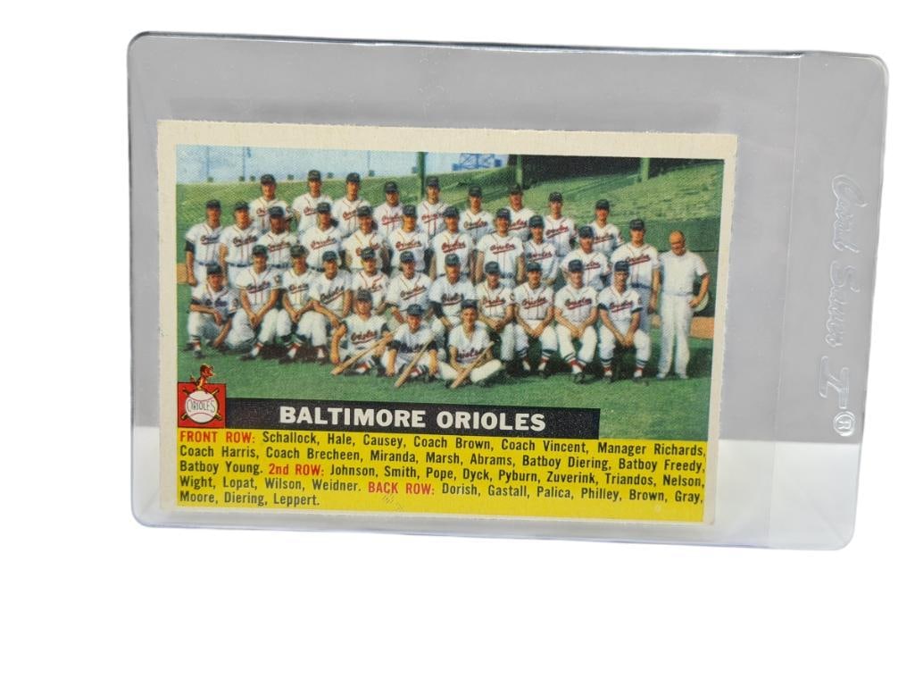1956 TOPPS #100 BALTIMORE ORIOLES TEAM BASEBALL CARD: FEATURING THE ENTIRE TEAM, RARE CARD, SEE PHOTOS OF CONDITION, FROM THE ESTATE OF A LOCAL RENO, NV DOCTOR AT RENOWN WHO RAN BIG LEAGUE SPORTS MEDICINE BASEBALL CAMP FOR NEARLY 20 YEARS, DOCTOR