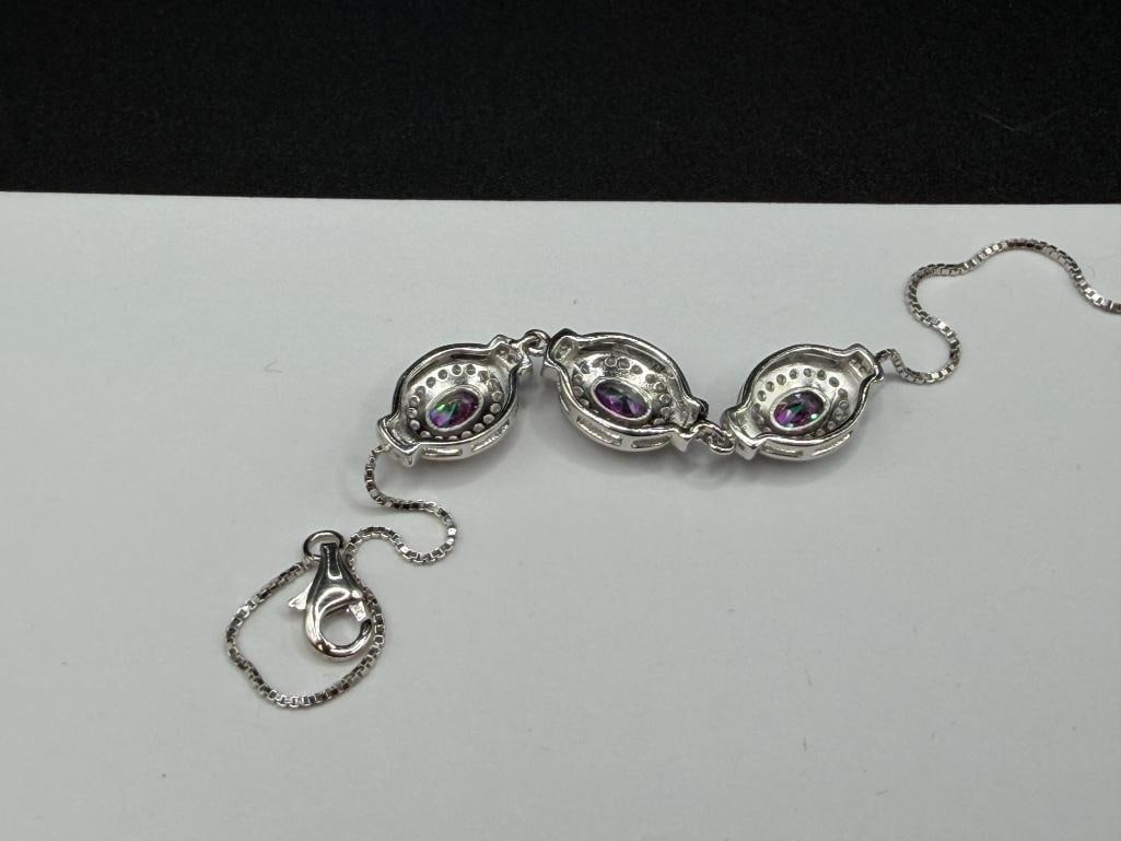 STERLING SILVER SIMULATED MYSTIC TOPAZ FASHION BRACELET FEATURING THREE OVAL CUT MYSTIC TOPAZ - 4