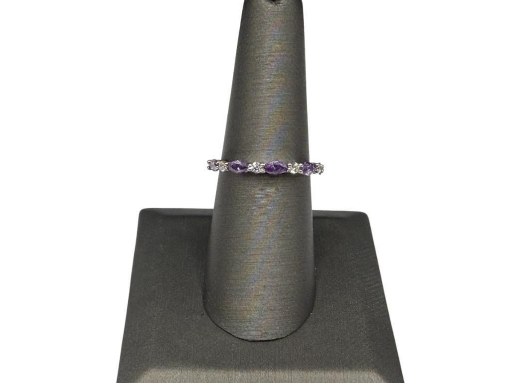 STERLING SILVER AMETHYST AND CZ BAND: FEATURING MARQUISE CUT AMETHYSTS ACCENTED BY ROUND CUT CZ'S SIZE 7, 1/8" THICK, 2.04 GRAMS