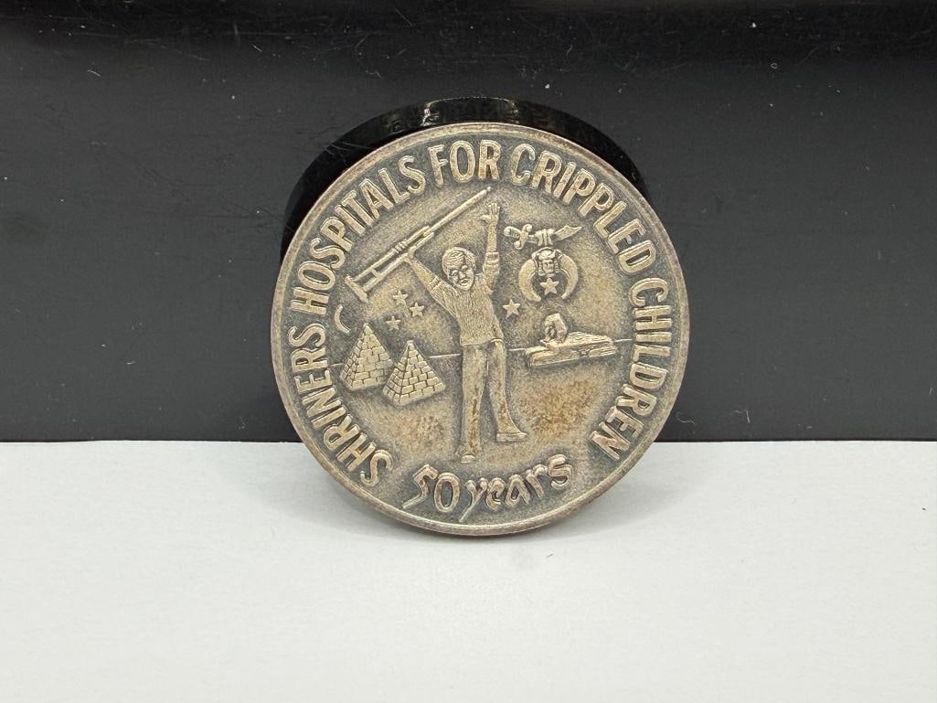 VINTAGE 1972 CENTENNIAL / 50 YEARS SHRINER'S HOSPITAL FOR CRIPPLED CHILDREN .999 FINE SILVER TOKEN: "SHRINETENNIAL" 1872 - 1972 21.06 GRAMS