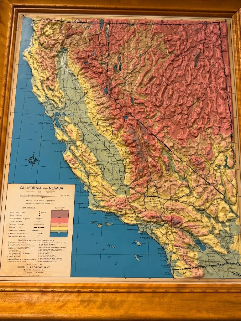 1956 JOHN H. ANDREWS & CO. 3D RAISED RELIEF MAP CALIFORNIA / NEVADA MADE IN EL CAJON, CALIFORNIA - 2