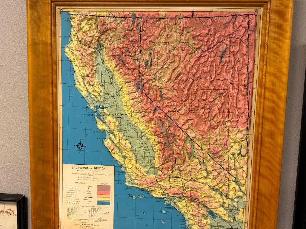 1956 JOHN H. ANDREWS & CO. 3D RAISED RELIEF MAP CALIFORNIA / NEVADA MADE IN EL CAJON, CALIFORNIA - 3