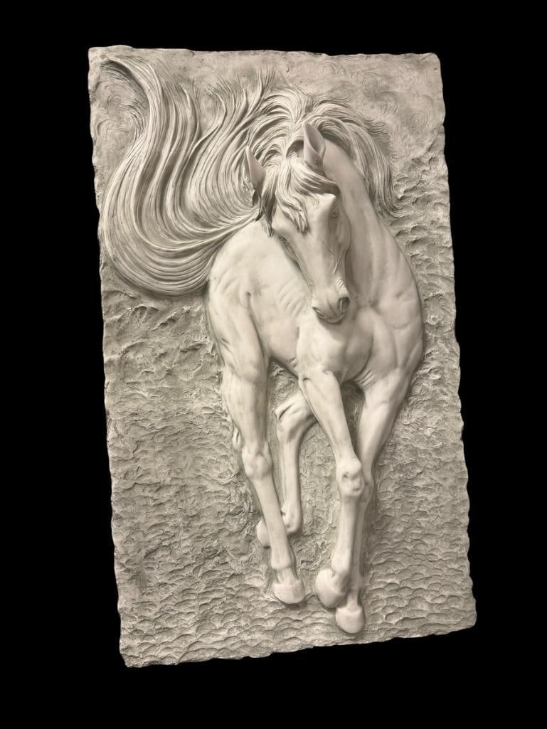 CAST RESIN 3D RELIEF HORSE PLAQUE WALL ART: WHITE HORSE PLAQUE WITH TEXTURED BACKGROUND 21" X 36"