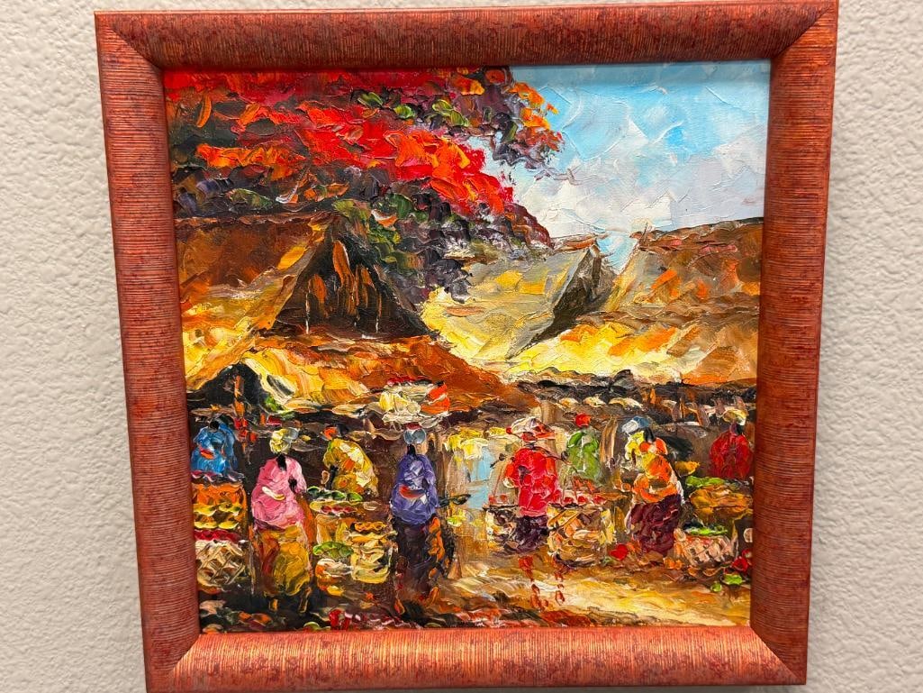 IMPASATO OIL ON CANVAS ORIGINALPAINTING TRADITIONAL VILLAGE MARKET SCENE - 2