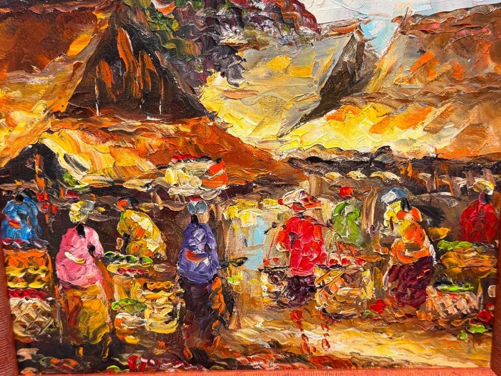 IMPASATO OIL ON CANVAS ORIGINALPAINTING TRADITIONAL VILLAGE MARKET SCENE - 3