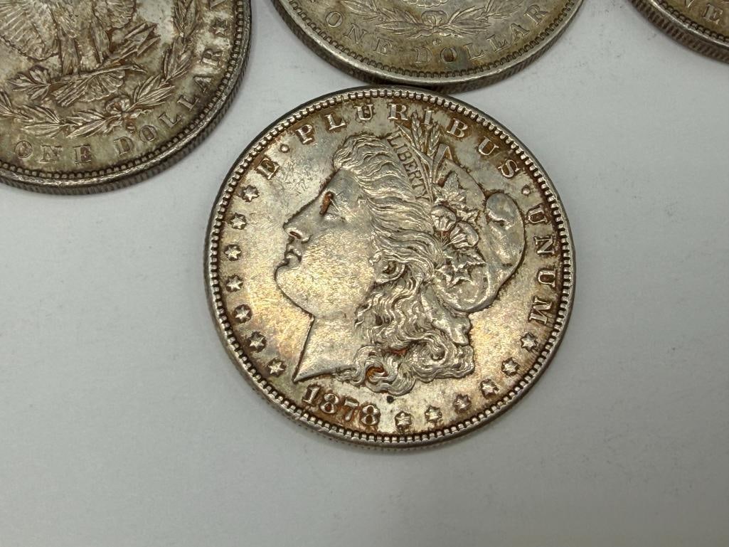 FIVE ASSORTED U.S. MORGAN SILVER DOLLARS FEATURING VARIOUS DATES AND MINT MARKS - 7